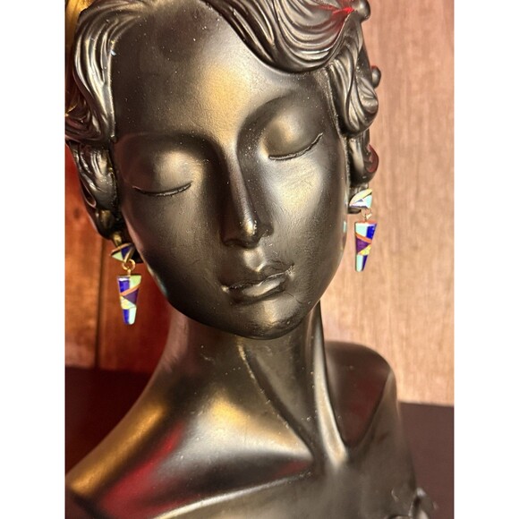 Vintage Sterling Native American Inlay Geometric Dangle Earrings Signed PP - Picture 3 of 6